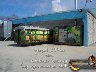 Kotłownia Kontenerowa z kotłem o mocy 140kW i kontenerem hakowym na biomasę
